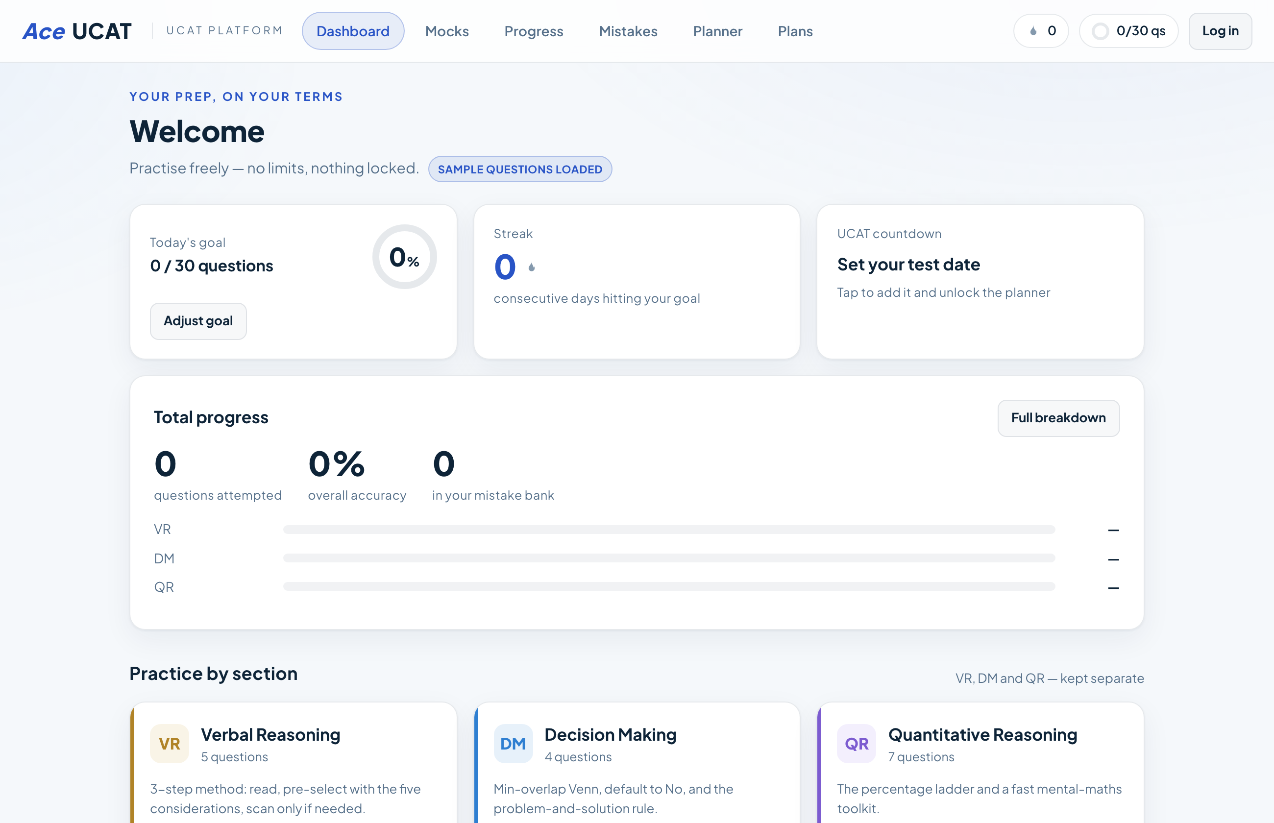 AceUCAT dashboard with goal ring, streak, progress and section tiles