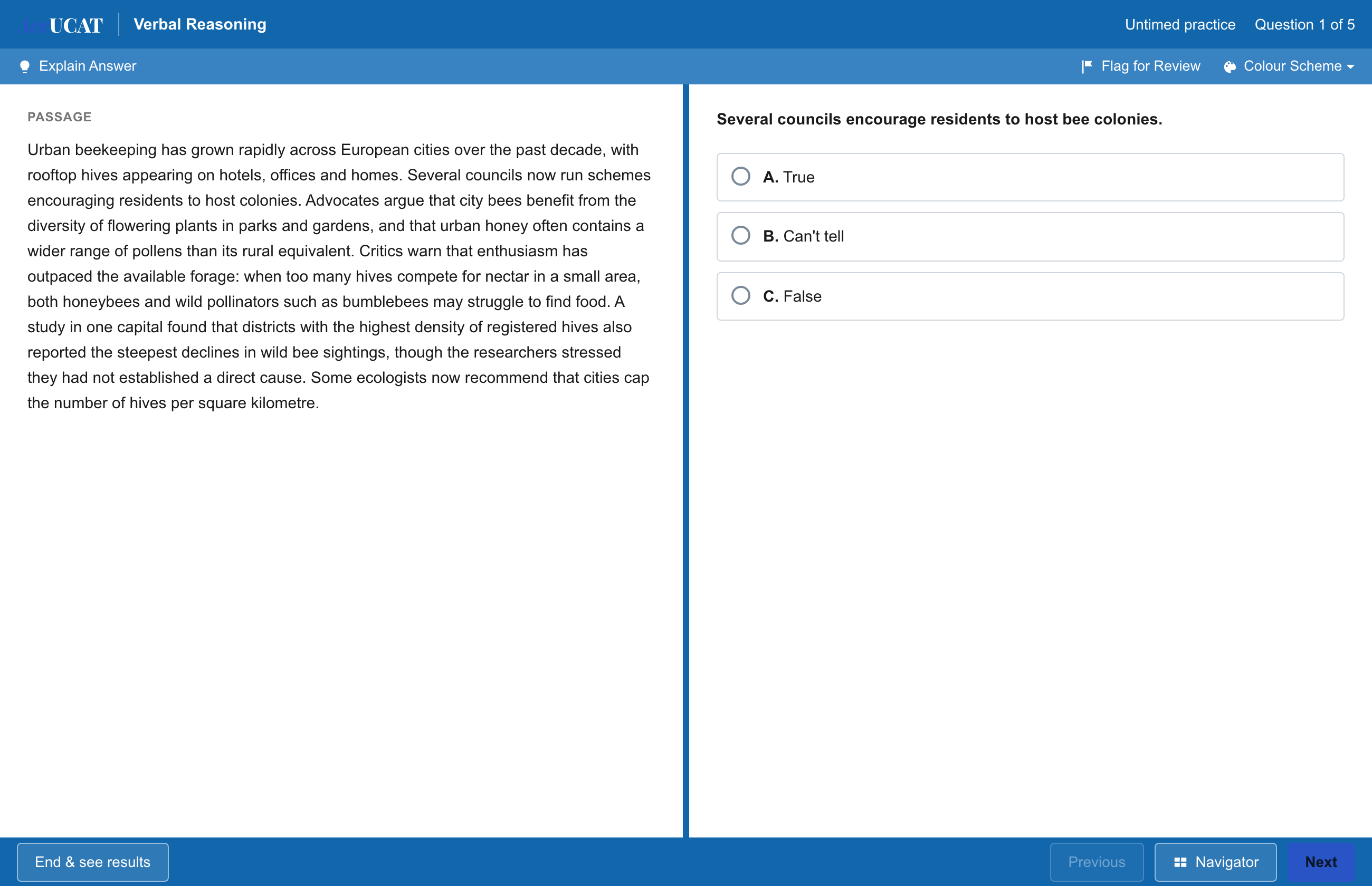 The AceUCAT question runner, a replica of the official UCAT interface with timer, navigator, flagging and on-screen calculator