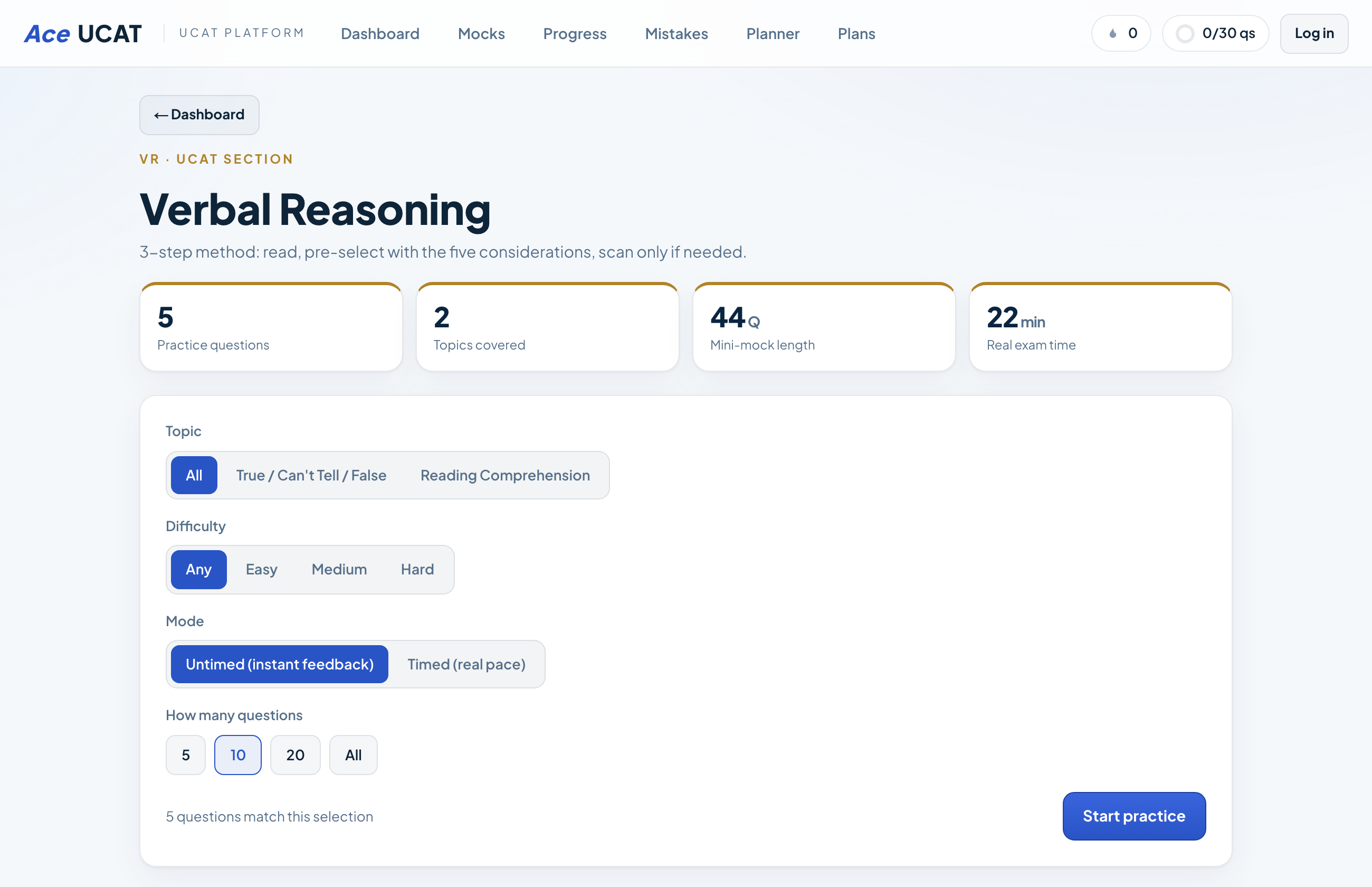 AceUCAT section page showing question counts, topics and setup